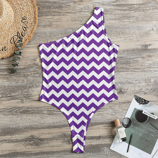 Purple And White Chevron Pattern Print One Shoulder Bodysuit