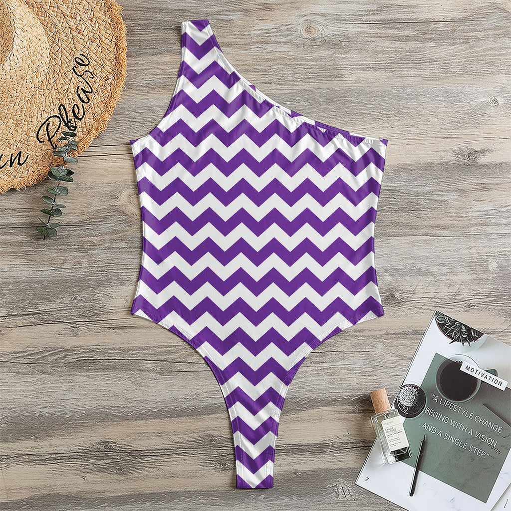 Purple And White Chevron Pattern Print One Shoulder Bodysuit