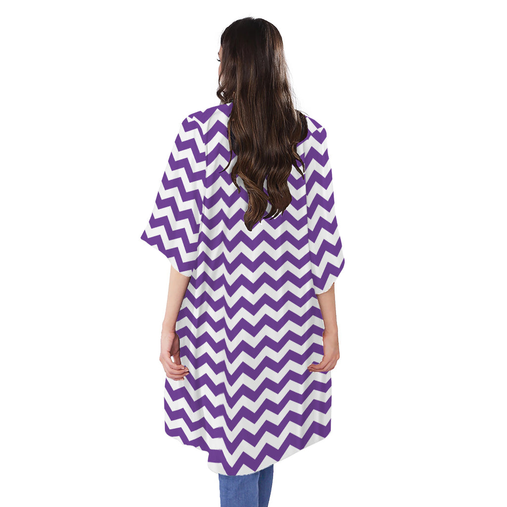Purple And White Chevron Pattern Print Open Front Beach Cover Up