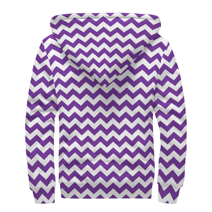 Purple And White Chevron Pattern Print Sherpa Lined Zip Up Hoodie