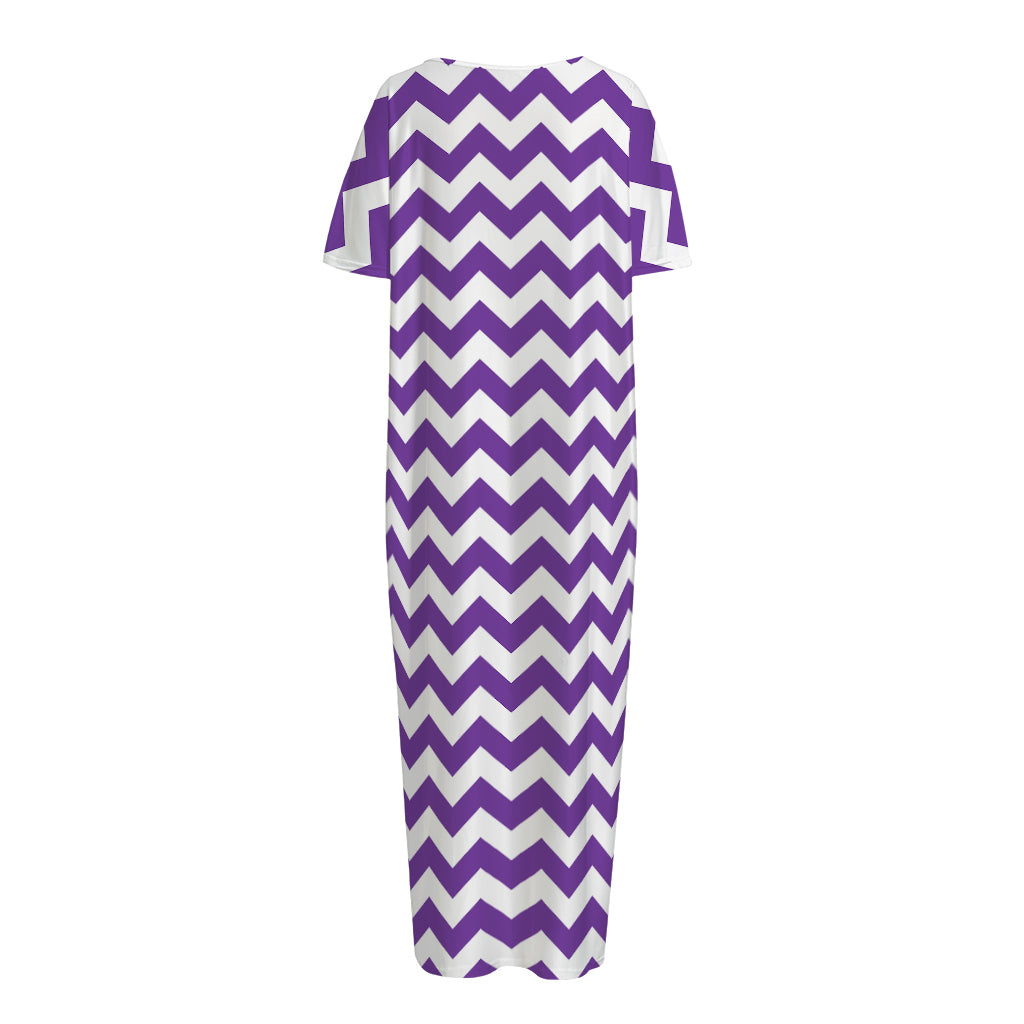 Purple And White Chevron Pattern Print Short Sleeve Long Nightdress