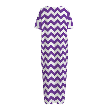 Purple And White Chevron Pattern Print Short Sleeve Long Nightdress