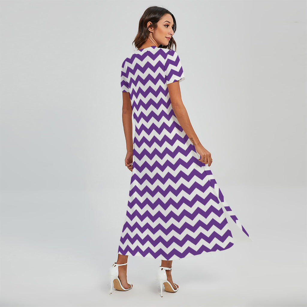 Purple And White Chevron Pattern Print Short Sleeve Maxi Dress