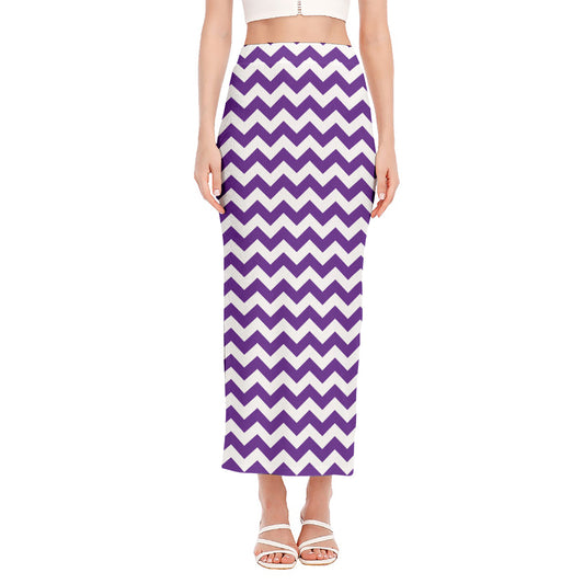 Purple And White Chevron Pattern Print Side Slit Maxi Skirt