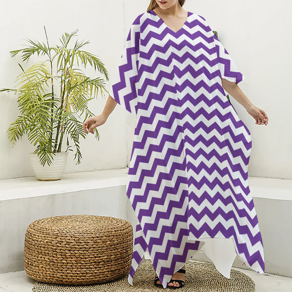 Purple And White Chevron Pattern Print Silk V-Neck Kaftan Dress