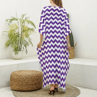 Purple And White Chevron Pattern Print Silk V-Neck Kaftan Dress