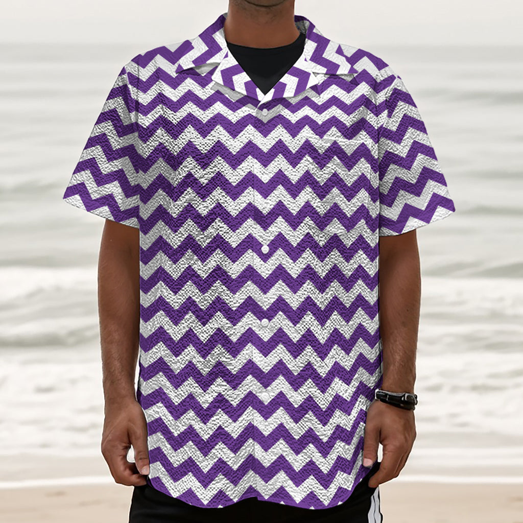 Purple And White Chevron Pattern Print Textured Short Sleeve Shirt