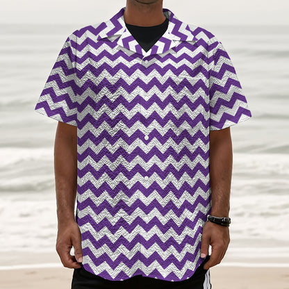 Purple And White Chevron Pattern Print Textured Short Sleeve Shirt