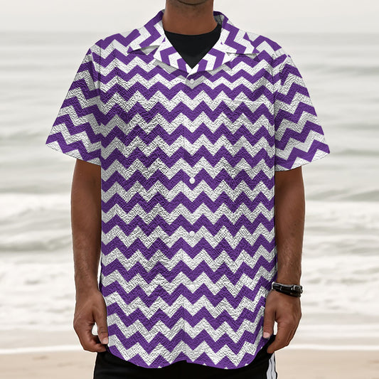 Purple And White Chevron Pattern Print Textured Short Sleeve Shirt