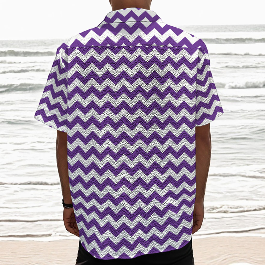 Purple And White Chevron Pattern Print Textured Short Sleeve Shirt