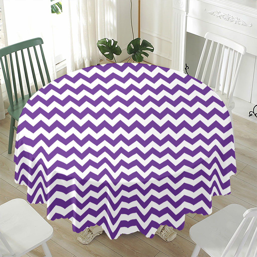 Purple And White Chevron Pattern Print Waterproof Round Tablecloth