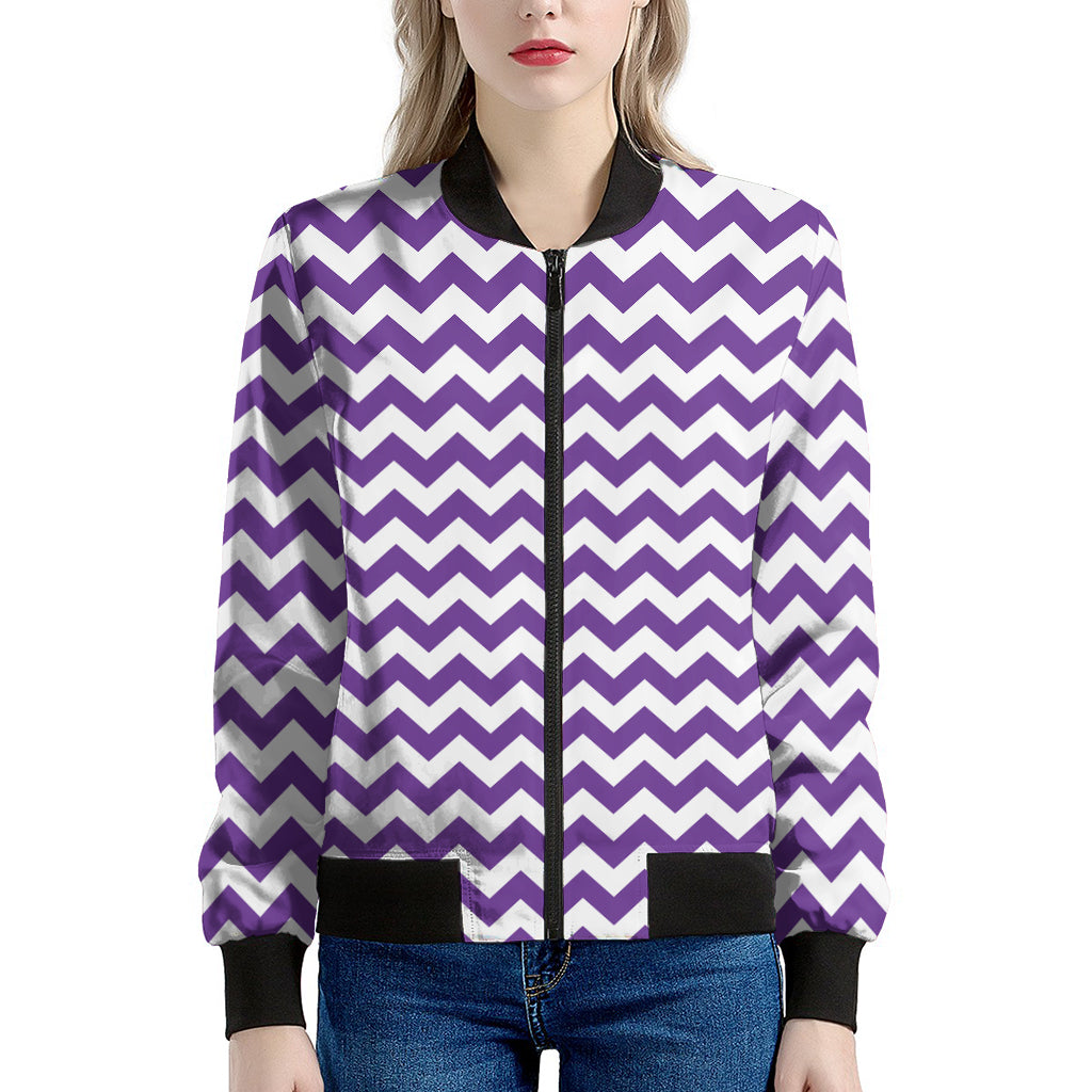 Purple And White Chevron Pattern Print Women's Bomber Jacket