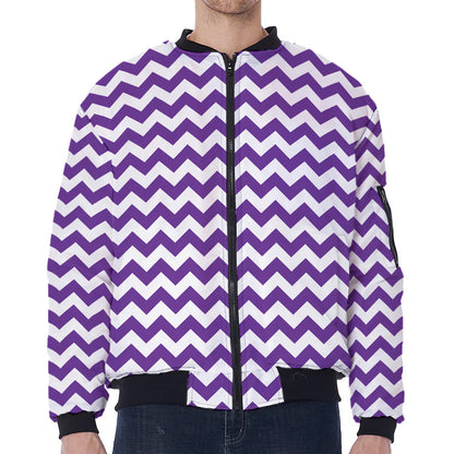 Purple And White Chevron Pattern Print Zip Sleeve Bomber Jacket
