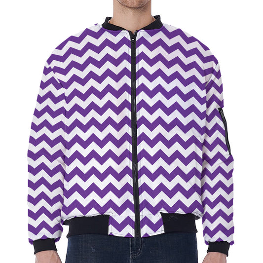Purple And White Chevron Pattern Print Zip Sleeve Bomber Jacket