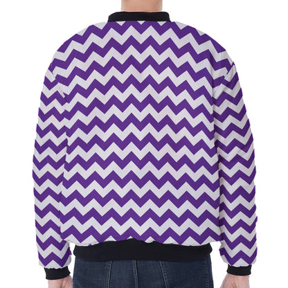 Purple And White Chevron Pattern Print Zip Sleeve Bomber Jacket