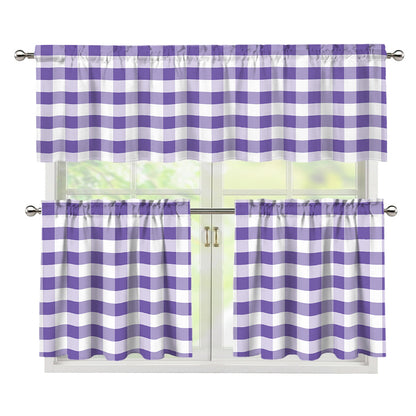 Purple And White Gingham Pattern Print 3 Piece Kitchen Curtains