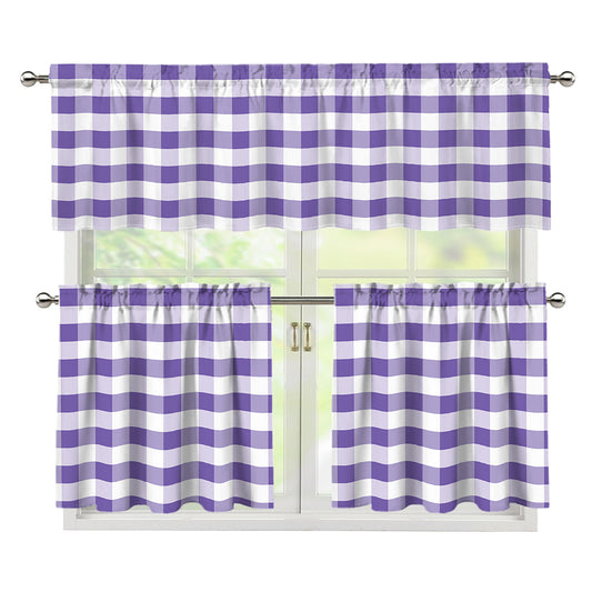 Purple And White Gingham Pattern Print 3 Piece Kitchen Curtains