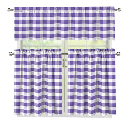 Purple And White Gingham Pattern Print 3 Piece Kitchen Curtains
