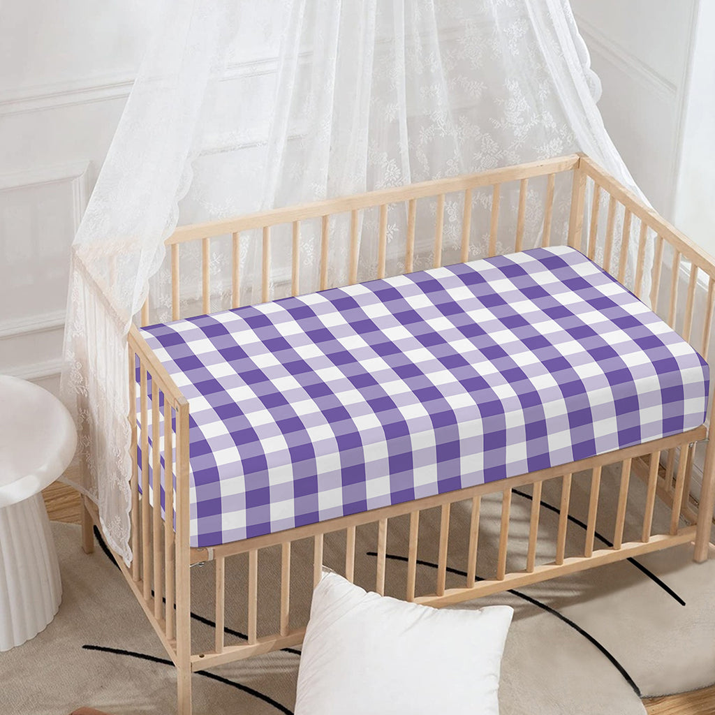 Purple And White Gingham Pattern Print Baby Crib Sheet