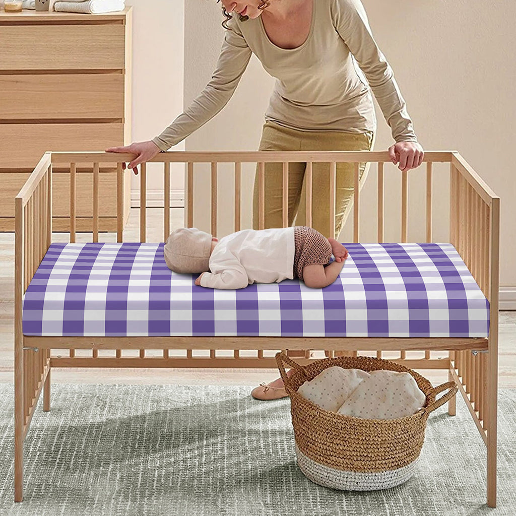 Purple And White Gingham Pattern Print Baby Crib Sheet