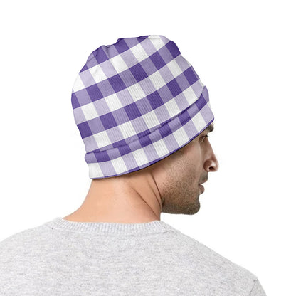 Purple And White Gingham Pattern Print Beanie