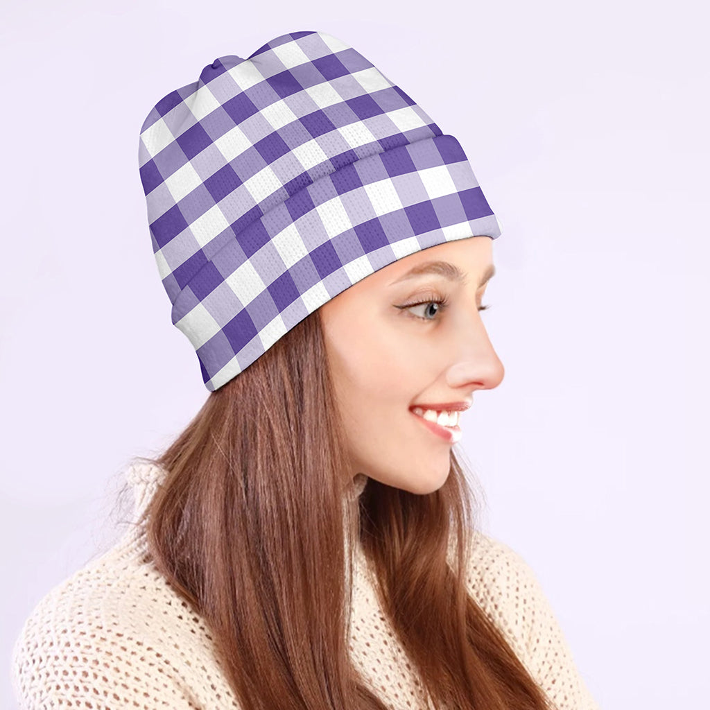 Purple And White Gingham Pattern Print Beanie
