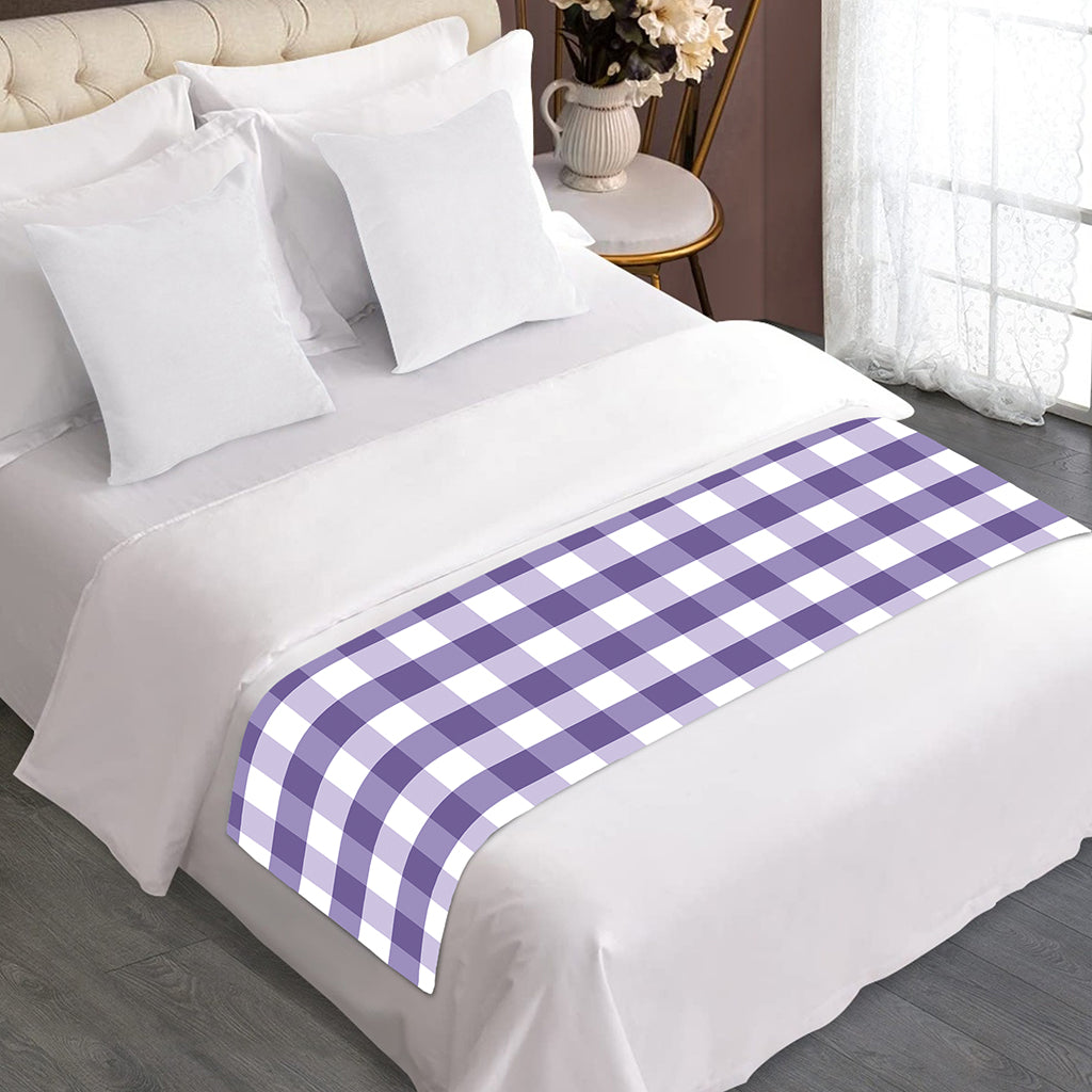 Purple And White Gingham Pattern Print Bed Runner