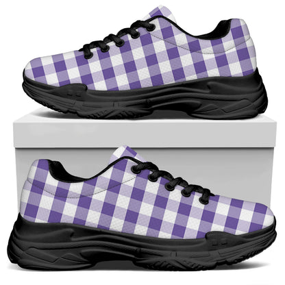 Purple And White Gingham Pattern Print Black Chunky Shoes