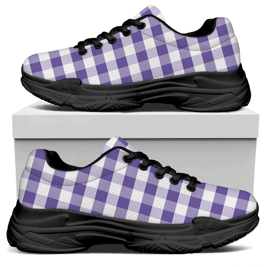 Purple And White Gingham Pattern Print Black Chunky Shoes