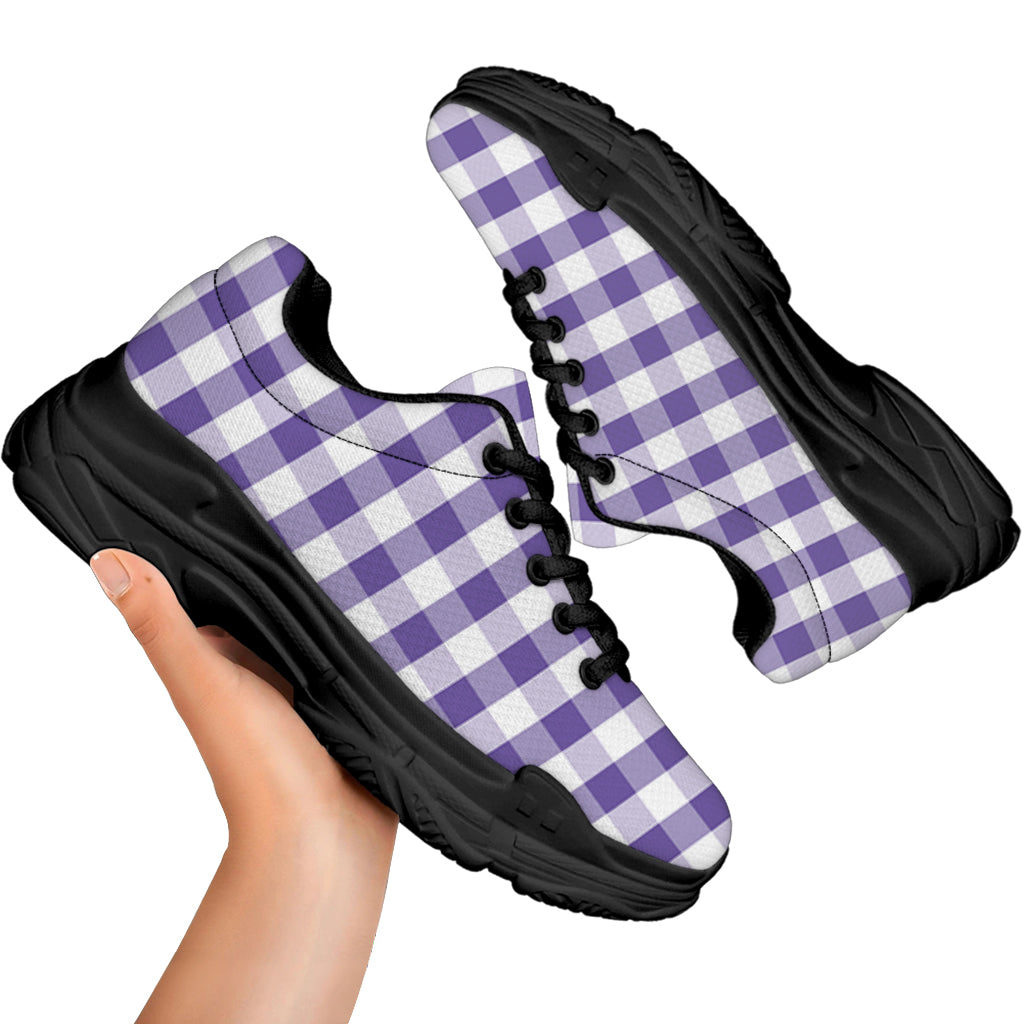 Purple And White Gingham Pattern Print Black Chunky Shoes