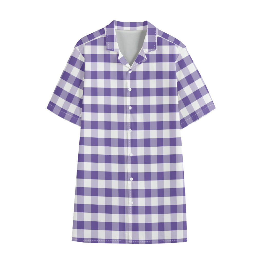 Purple And White Gingham Pattern Print Cotton Hawaiian Shirt