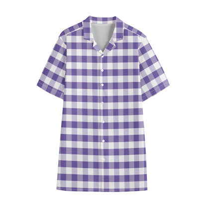 Purple And White Gingham Pattern Print Cotton Hawaiian Shirt