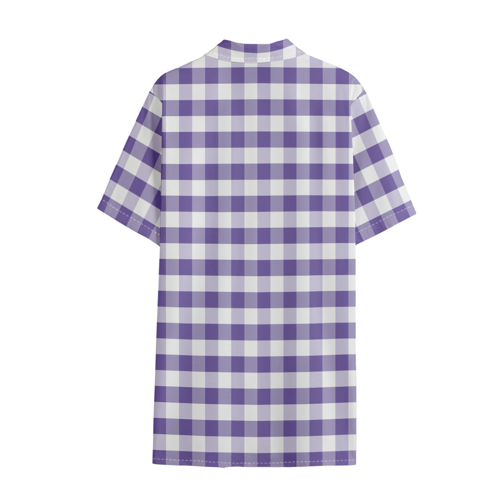 Purple And White Gingham Pattern Print Cotton Hawaiian Shirt
