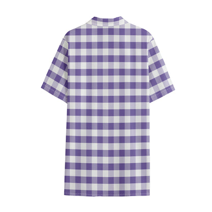 Purple And White Gingham Pattern Print Cotton Hawaiian Shirt
