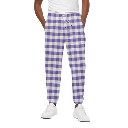 Purple And White Gingham Pattern Print Cotton Pants