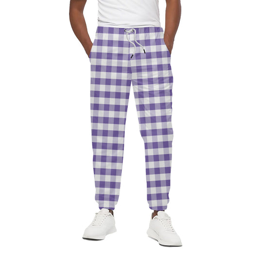 Purple And White Gingham Pattern Print Cotton Pants