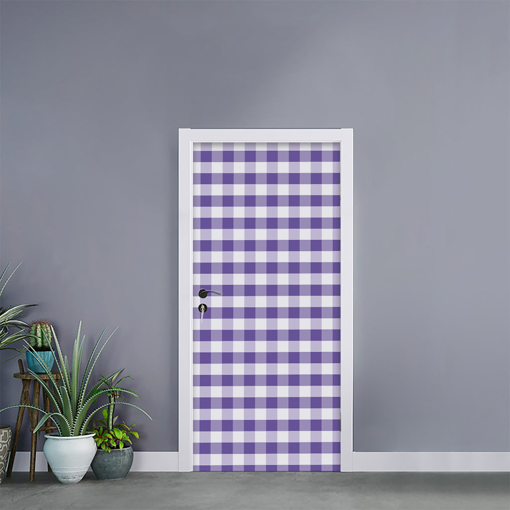 Purple And White Gingham Pattern Print Door Sticker