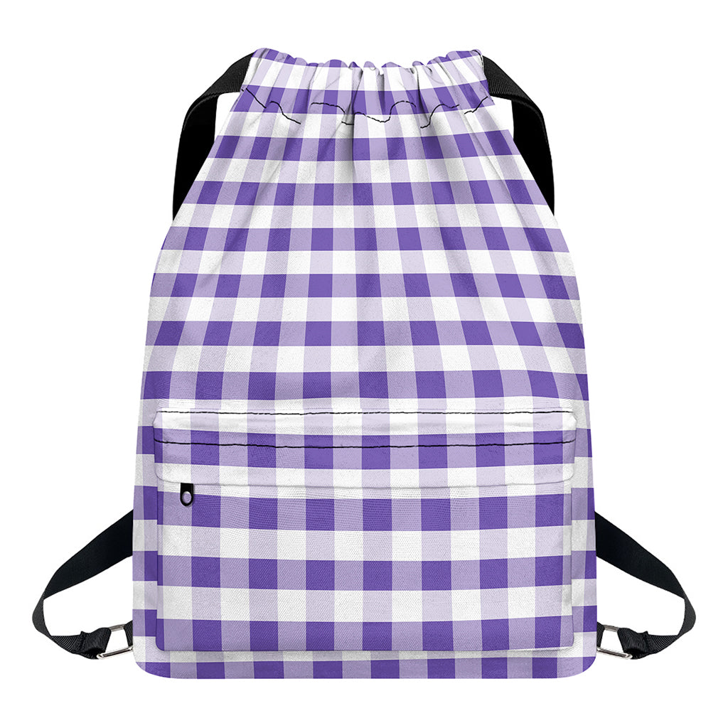 Purple And White Gingham Pattern Print Drawstring Backpack