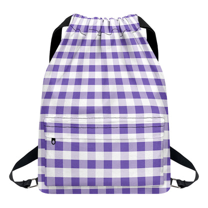 Purple And White Gingham Pattern Print Drawstring Backpack
