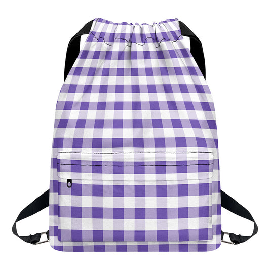 Purple And White Gingham Pattern Print Drawstring Backpack
