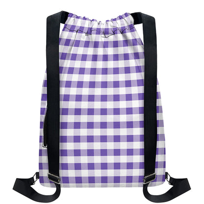 Purple And White Gingham Pattern Print Drawstring Backpack