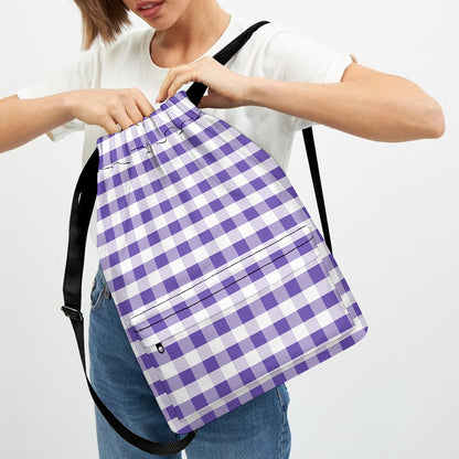 Purple And White Gingham Pattern Print Drawstring Backpack