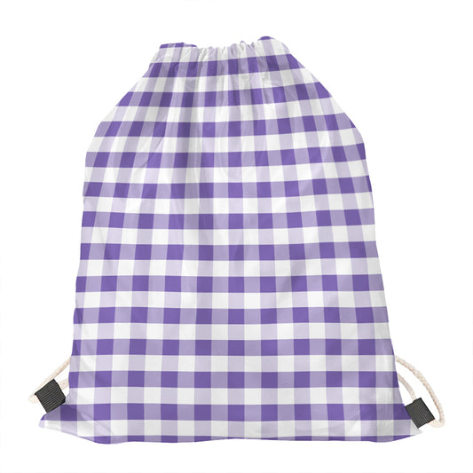 Purple And White Gingham Pattern Print Drawstring Bag