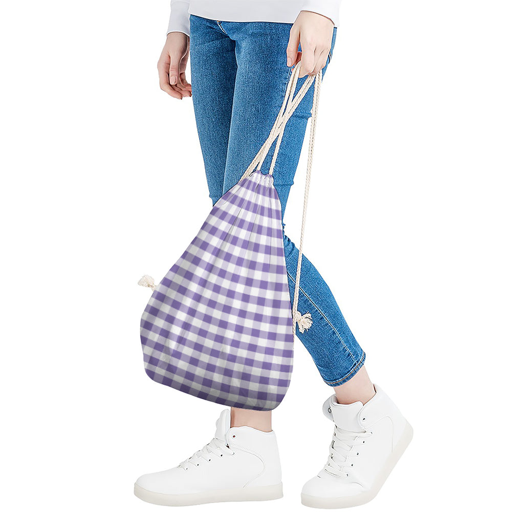 Purple And White Gingham Pattern Print Drawstring Bag
