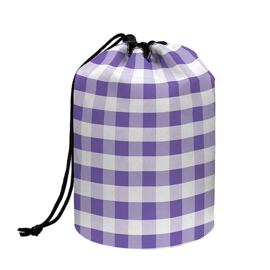 Purple And White Gingham Pattern Print Drawstring Makeup Bag