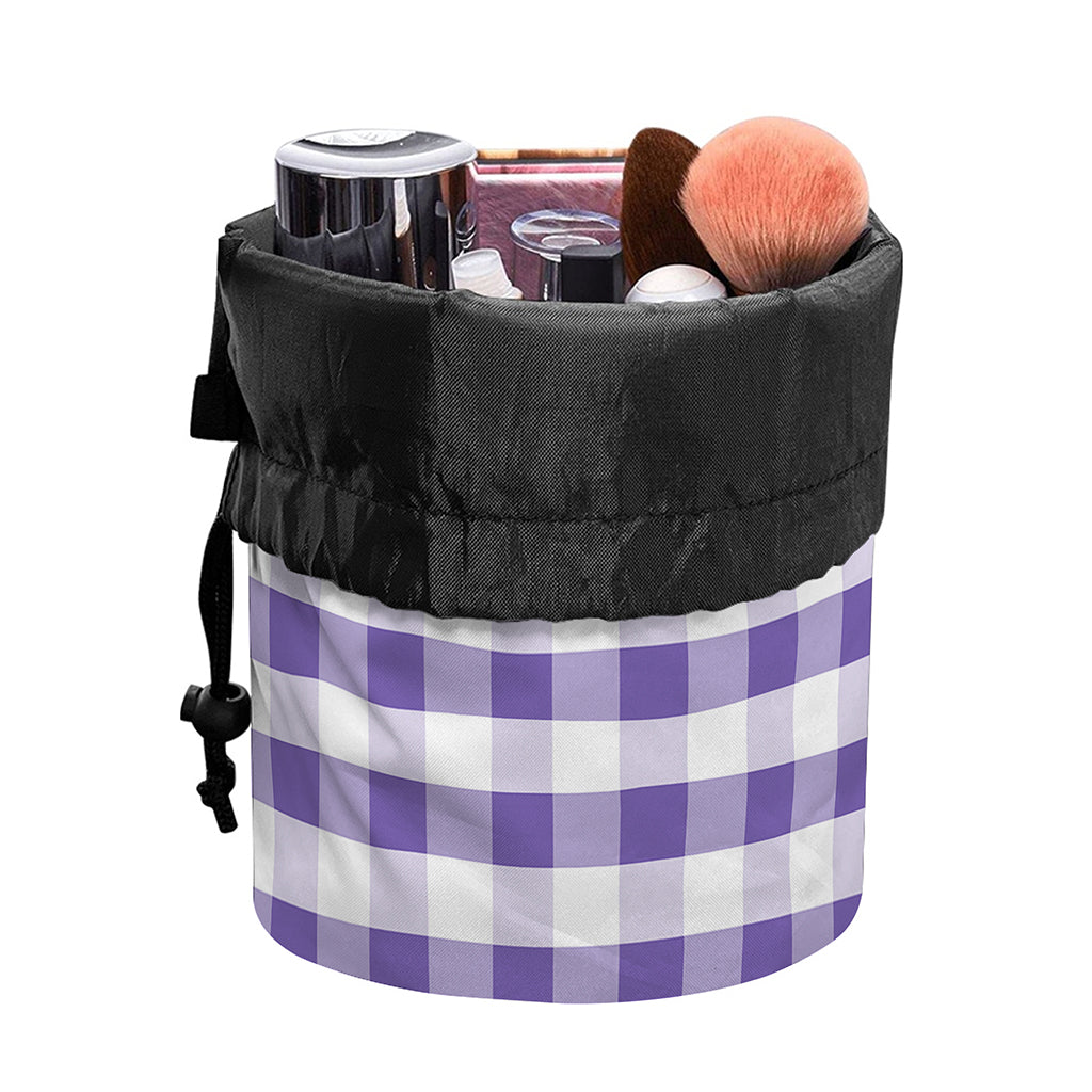 Purple And White Gingham Pattern Print Drawstring Makeup Bag