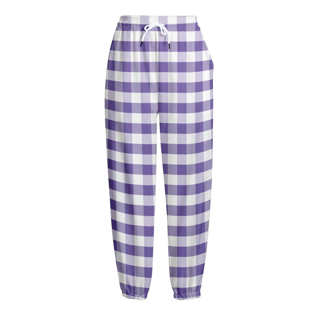 Purple And White Gingham Pattern Print Fleece Lined Knit Pants