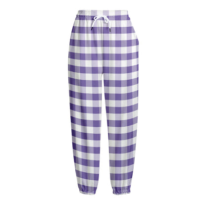 Purple And White Gingham Pattern Print Fleece Lined Knit Pants