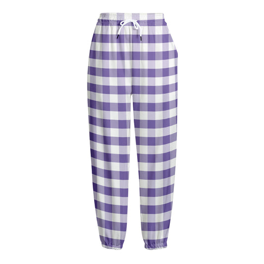 Purple And White Gingham Pattern Print Fleece Lined Knit Pants