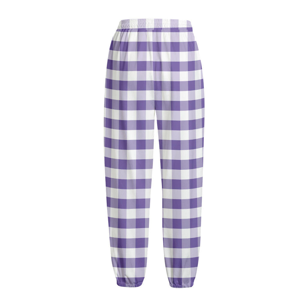 Purple And White Gingham Pattern Print Fleece Lined Knit Pants